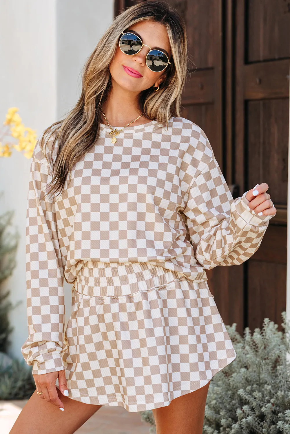Emily Checkered Long Sleeve High Waist Skort 2pcs Set sold by Threaded Pear product image thumbnail 5