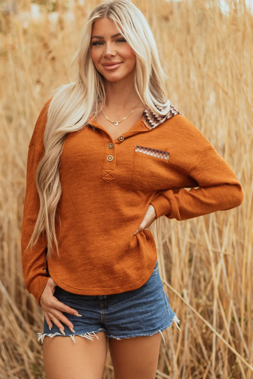 Payton Plaid Hood Patchwork Chest Pocket Henley Top sold by Threaded Pear product image thumbnail 4