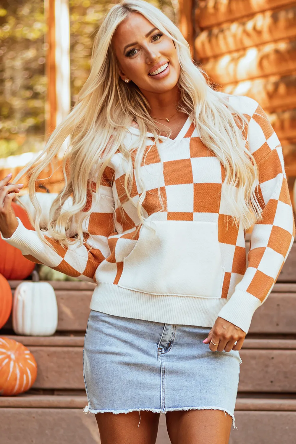 Lila Checkered Kangaroo Pocket Hooded Sweater sold by Threaded Pear product image thumbnail 4