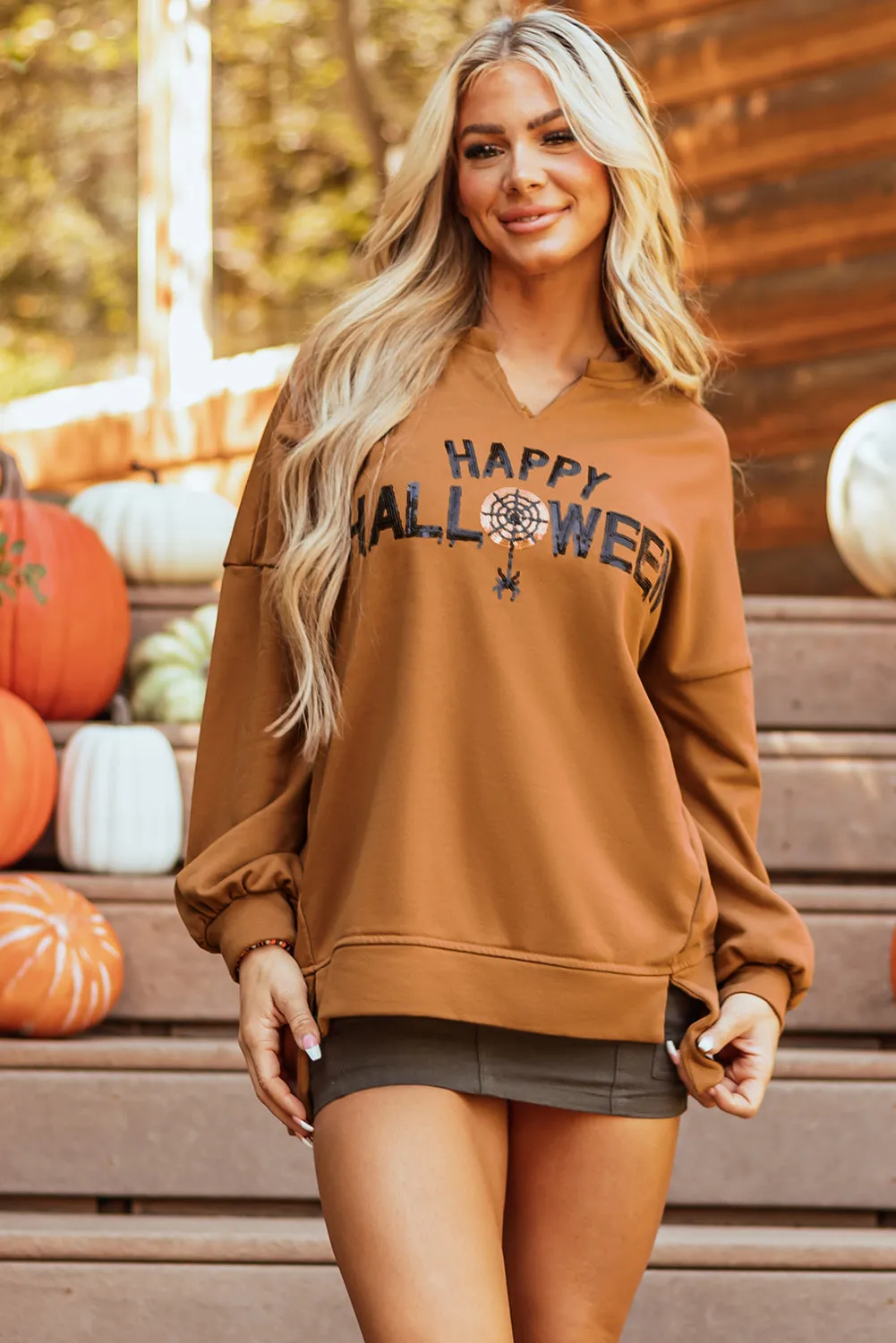 Sequin Happy Halloween Long Sleeve Top sold by Threaded Pear