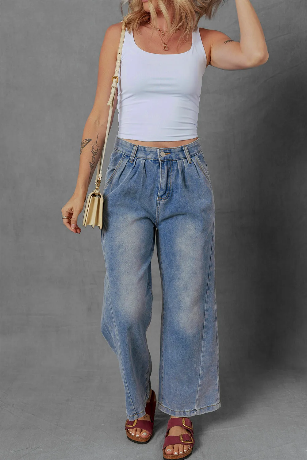 Scottie Blue Washed Pleated Detail Wide Leg Jeans sold by Threaded Pear product image thumbnail 4