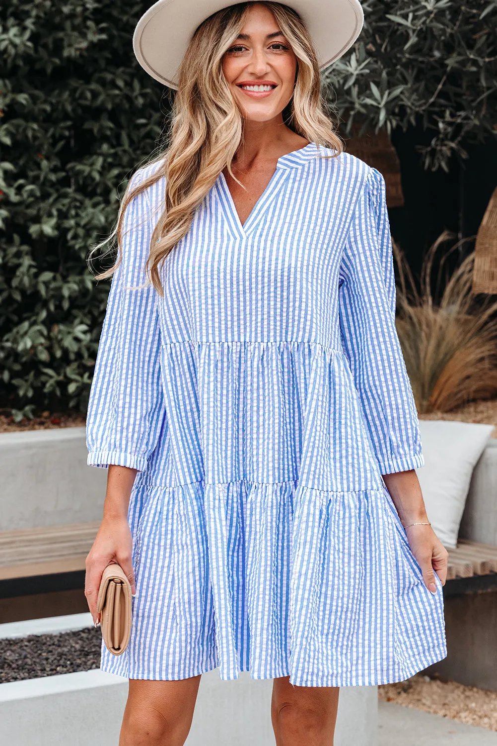 Kaia Stripe Bracelet Sleeve Tiered Dress with Pockets sold by Threaded Pear