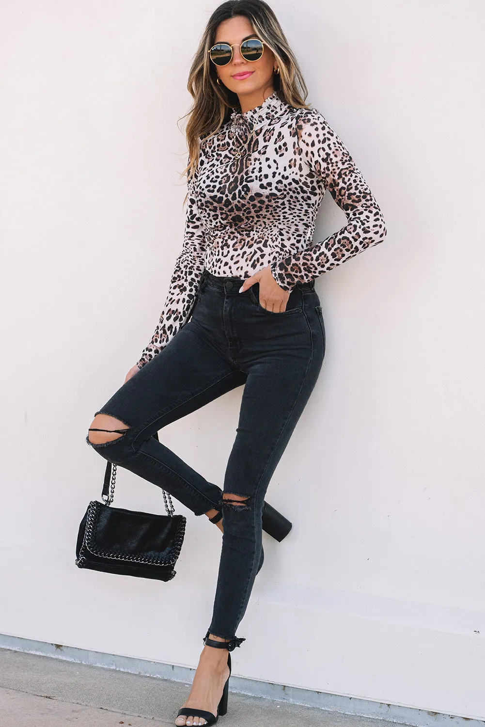 Leopard Smocked Neck Mesh Long Sleeve Bodysuit sold by Threaded Pear product image thumbnail 5
