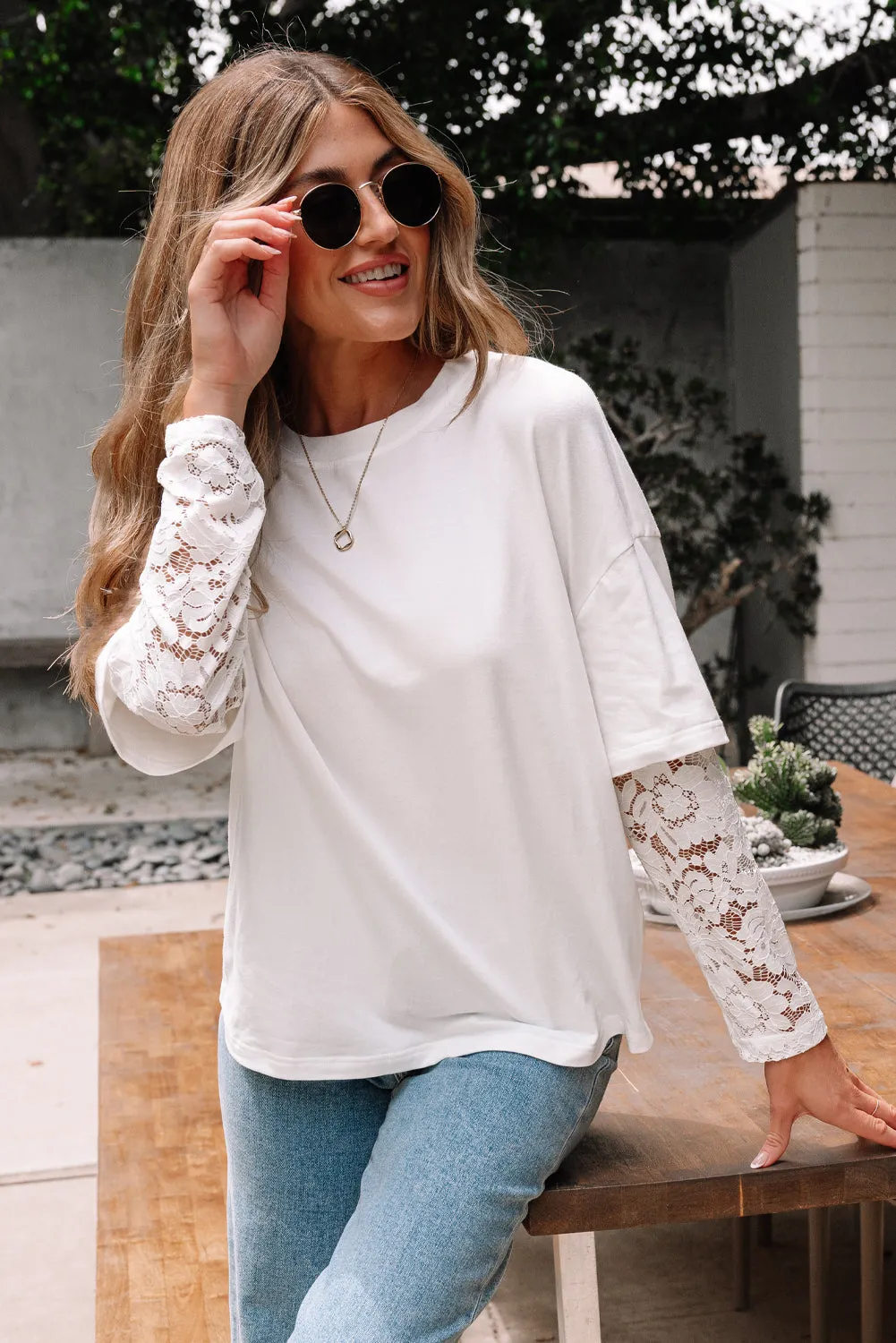 Hallie Lace Long Sleeve Insert Drop Shoulder Top sold by Threaded Pear product image thumbnail 5