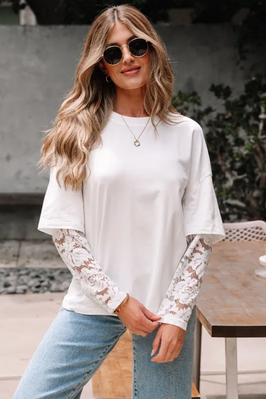 Hallie Lace Long Sleeve Insert Drop Shoulder Top sold by Threaded Pear