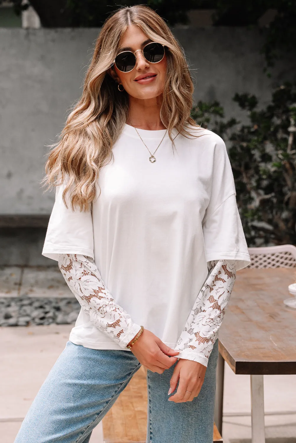 Hallie Lace Long Sleeve Insert Drop Shoulder Top sold by Threaded Pear