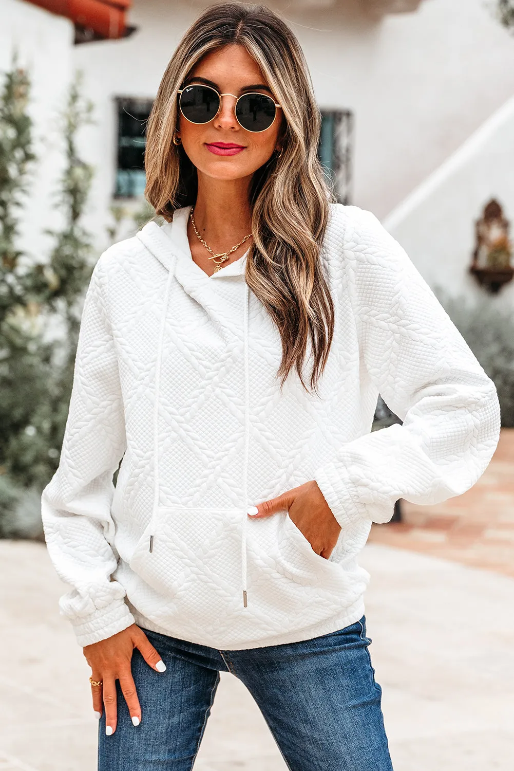 Magnolia Cable Lattice Texture Kangaroo Pocket Hoodie sold by Threaded Pear product image thumbnail 4