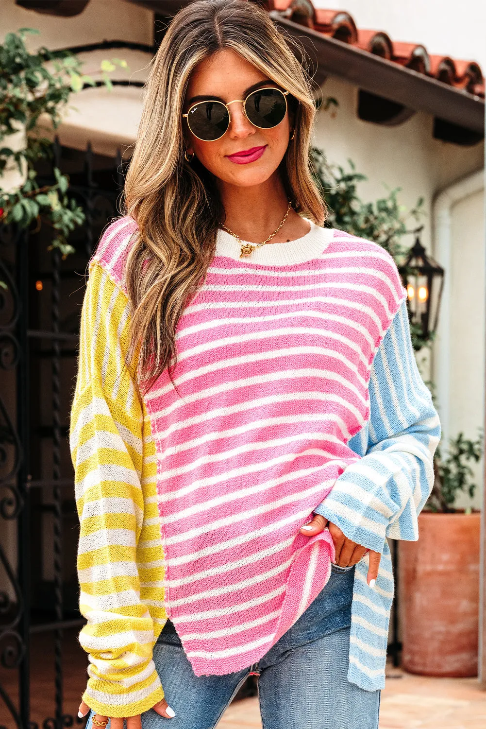 Esther Striped Patchwork Dolman Sleeve Slit Sweater sold by Threaded Pear product image thumbnail 4