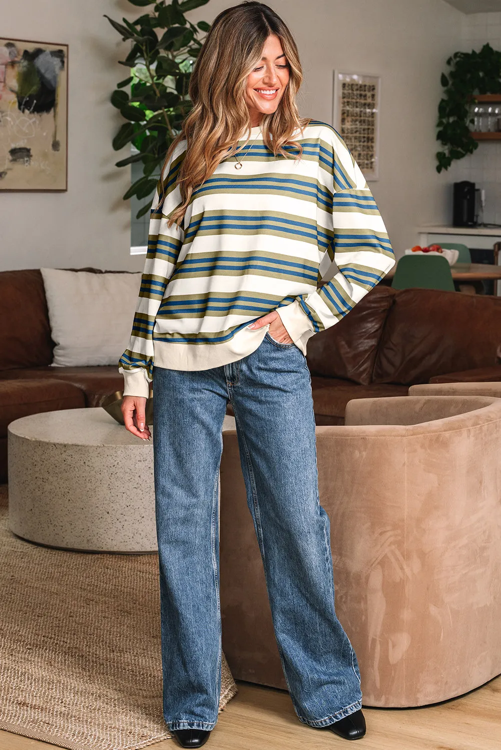 Rose Stripe Crew Neck Pullover Sweatshirt sold by Threaded Pear product image thumbnail 4