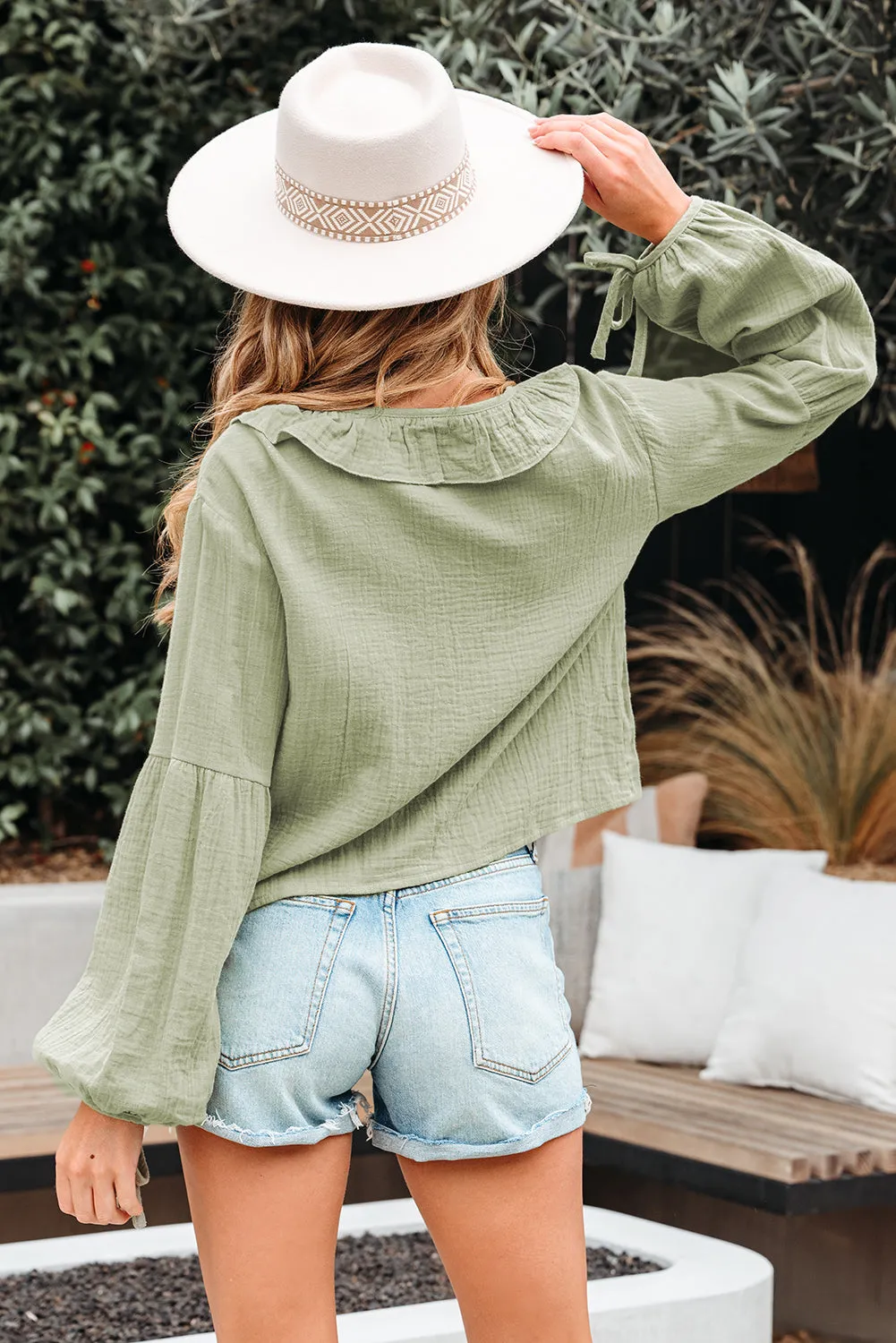 Natalia Bow Tie Front Ruffle Trim Long Sleeve Gauze Blouse sold by Threaded Pear product image thumbnail 2