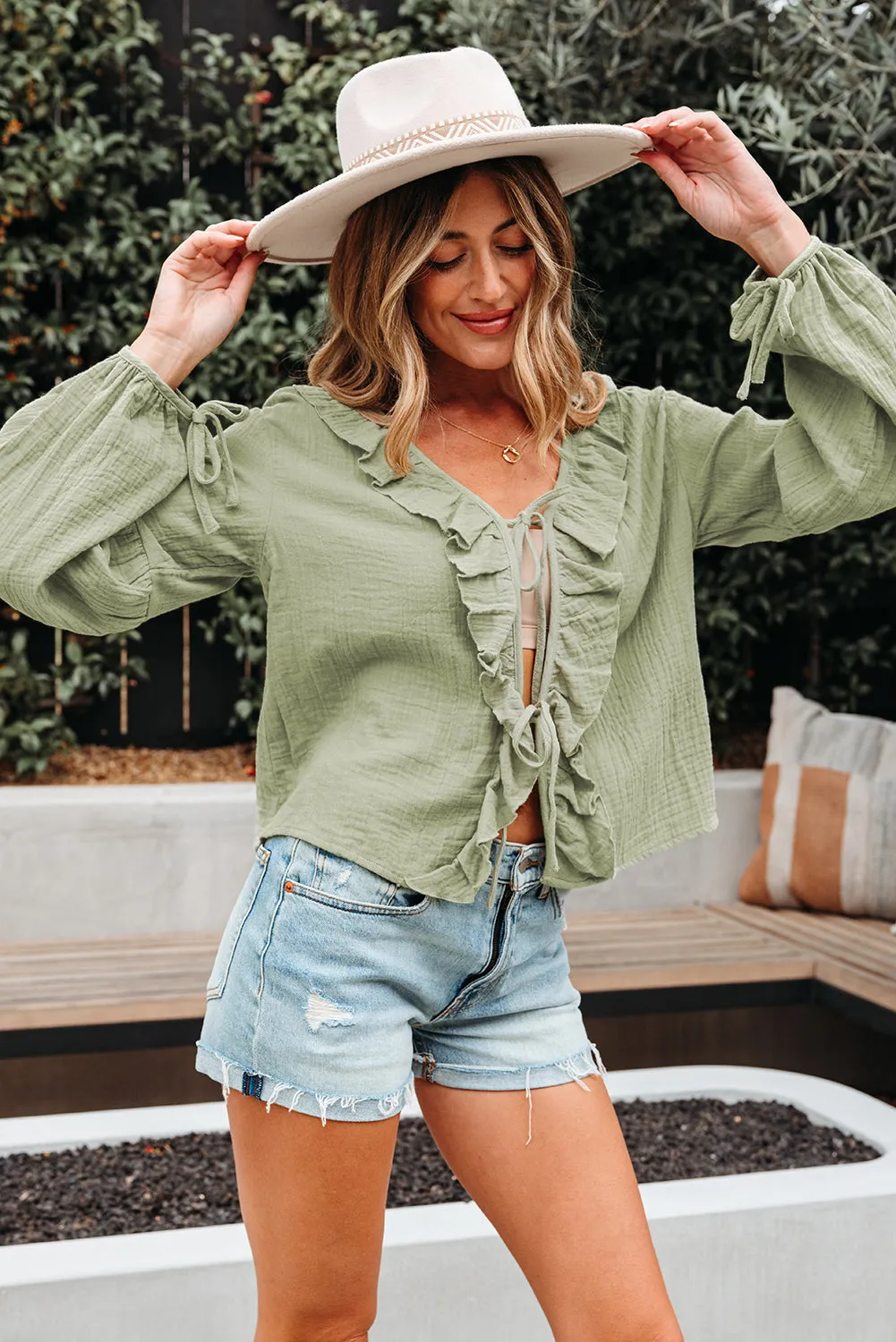 Natalia Bow Tie Front Ruffle Trim Long Sleeve Gauze Blouse sold by Threaded Pear product image thumbnail 3