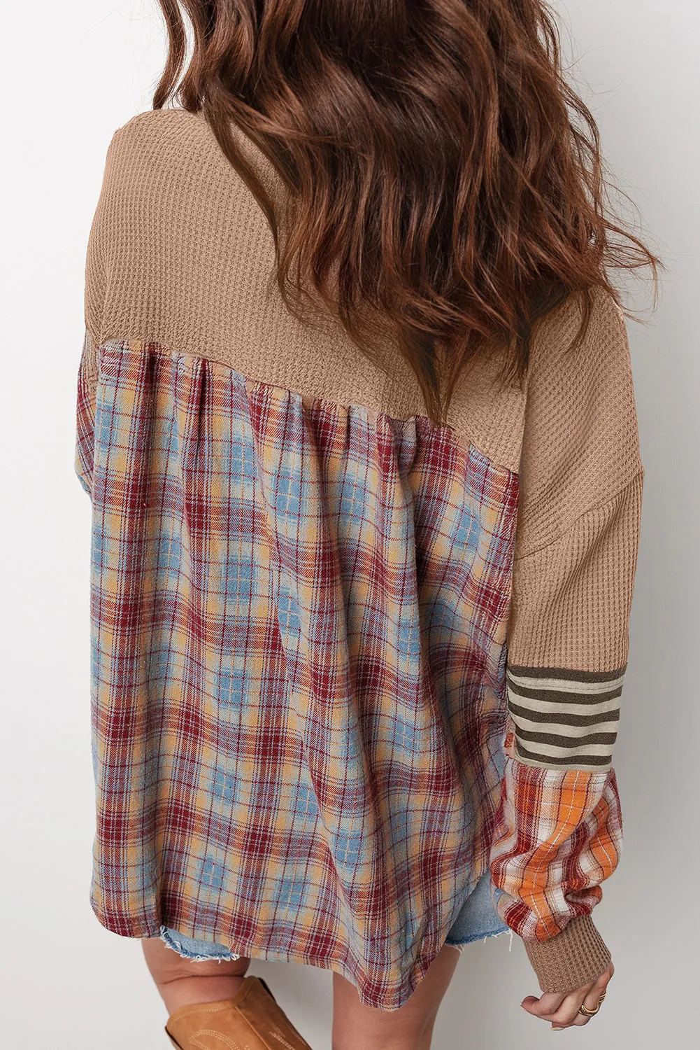 Aaliyah Waffle Stripe Plaid Patchwork Henley Knit Top sold by Threaded Pear product image thumbnail 2
