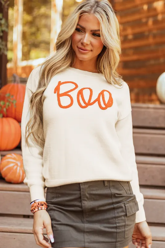 Boo Knitted Pattern Ribbed Edge Sweater sold by Threaded Pear