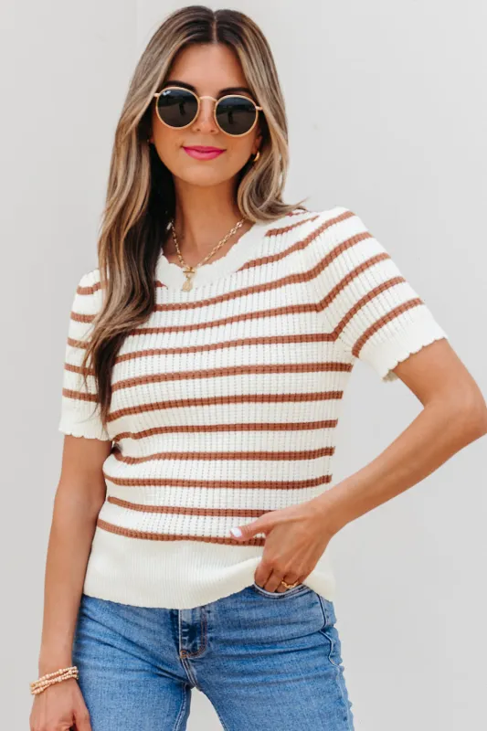 Eloise Stripe Scalloped Round Neck Short Sleeve Sweater sold by Threaded Pear