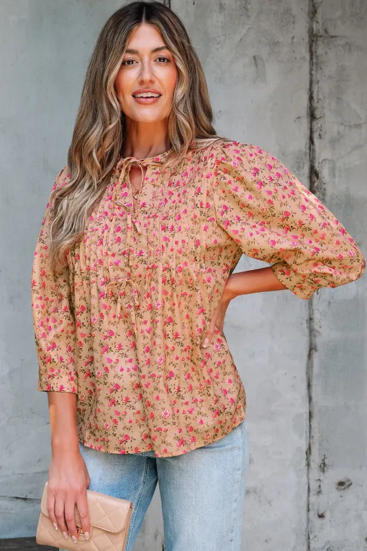 Sadie Floral Bow Pin-tuck Bust Half Puff Sleeve Blouse sold by Threaded Pear