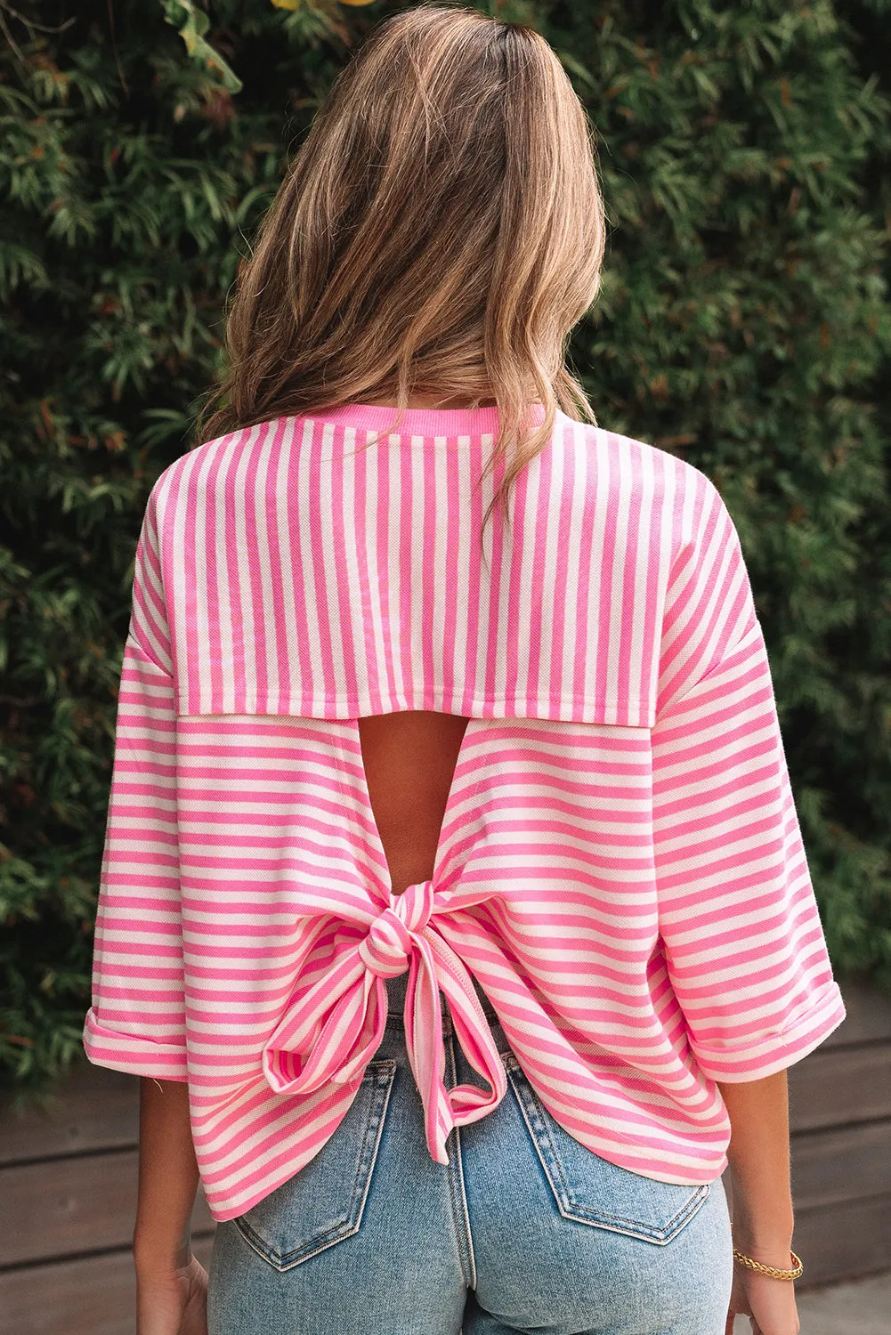 Riley Stripe Bowknot Cutout Back Loose Top sold by Threaded Pear product image thumbnail 2
