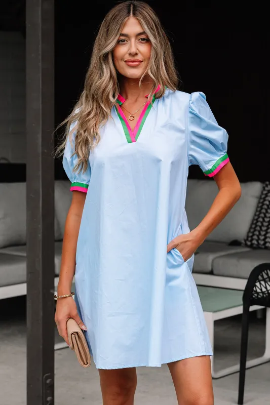 Lily Striped Notched V Neck Puff Sleeve Mini Dress made by Threaded Pear