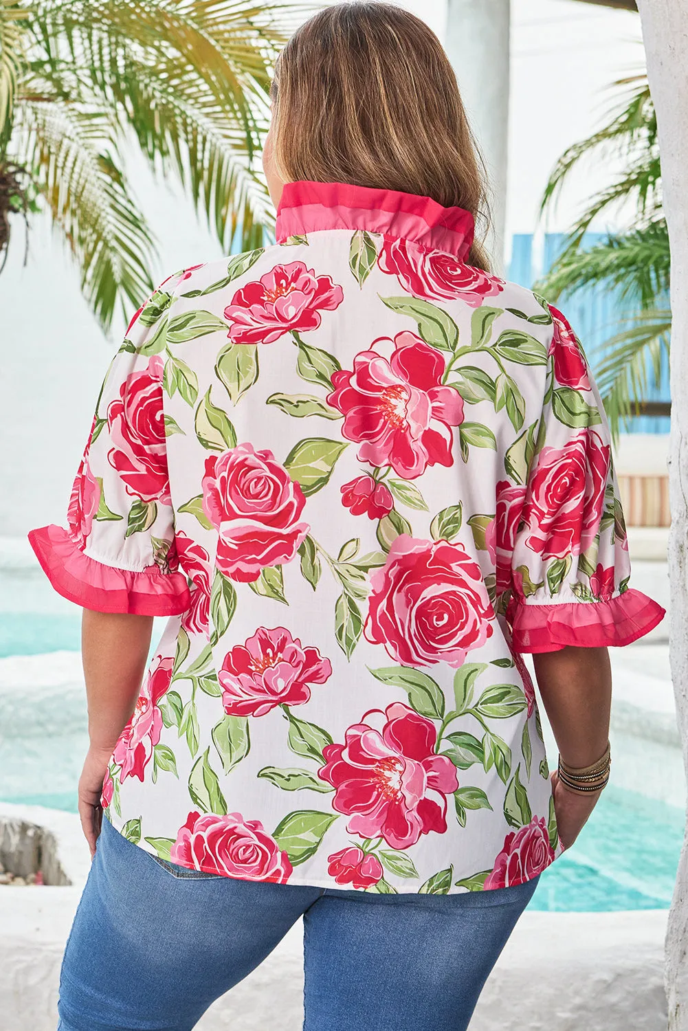 Elise Plus Size Floral Frilled Stripes Blouse sold by Threaded Pear product image thumbnail 2