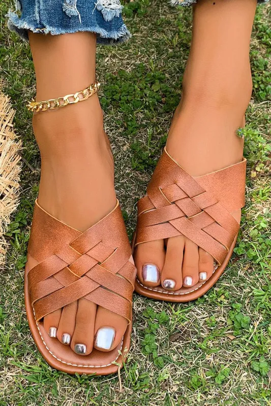 Ana Crossed Woven Flat Slippers sold by Threaded Pear