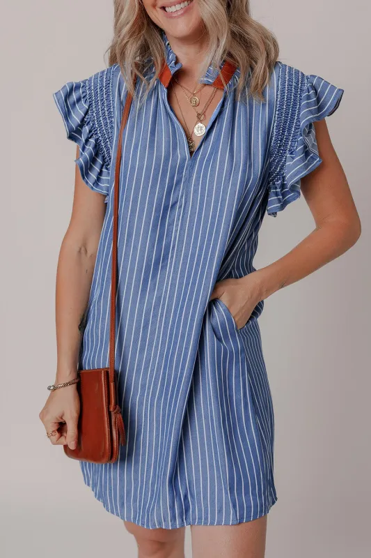 Leah Stripe Frilly Split Neck Shirred Ruffle Sleeve Dress sold by Threaded Pear