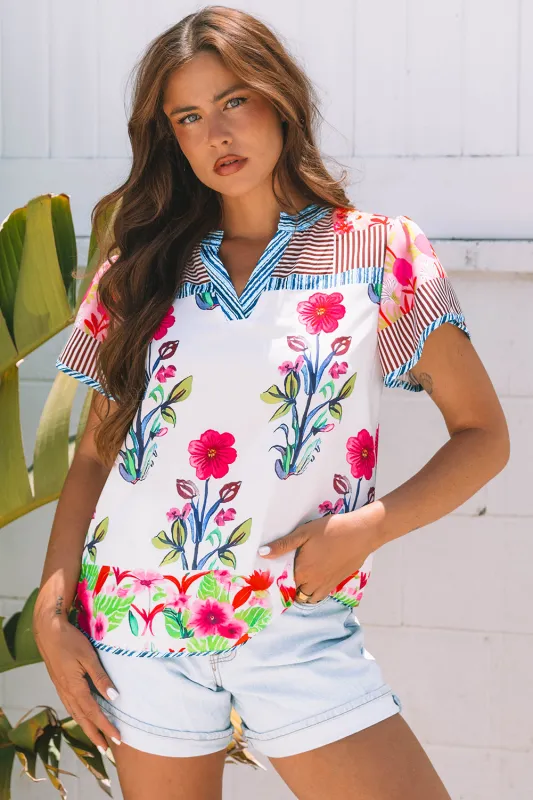 Maya Floral Striped Split Neck Blouse sold by Threaded Pear
