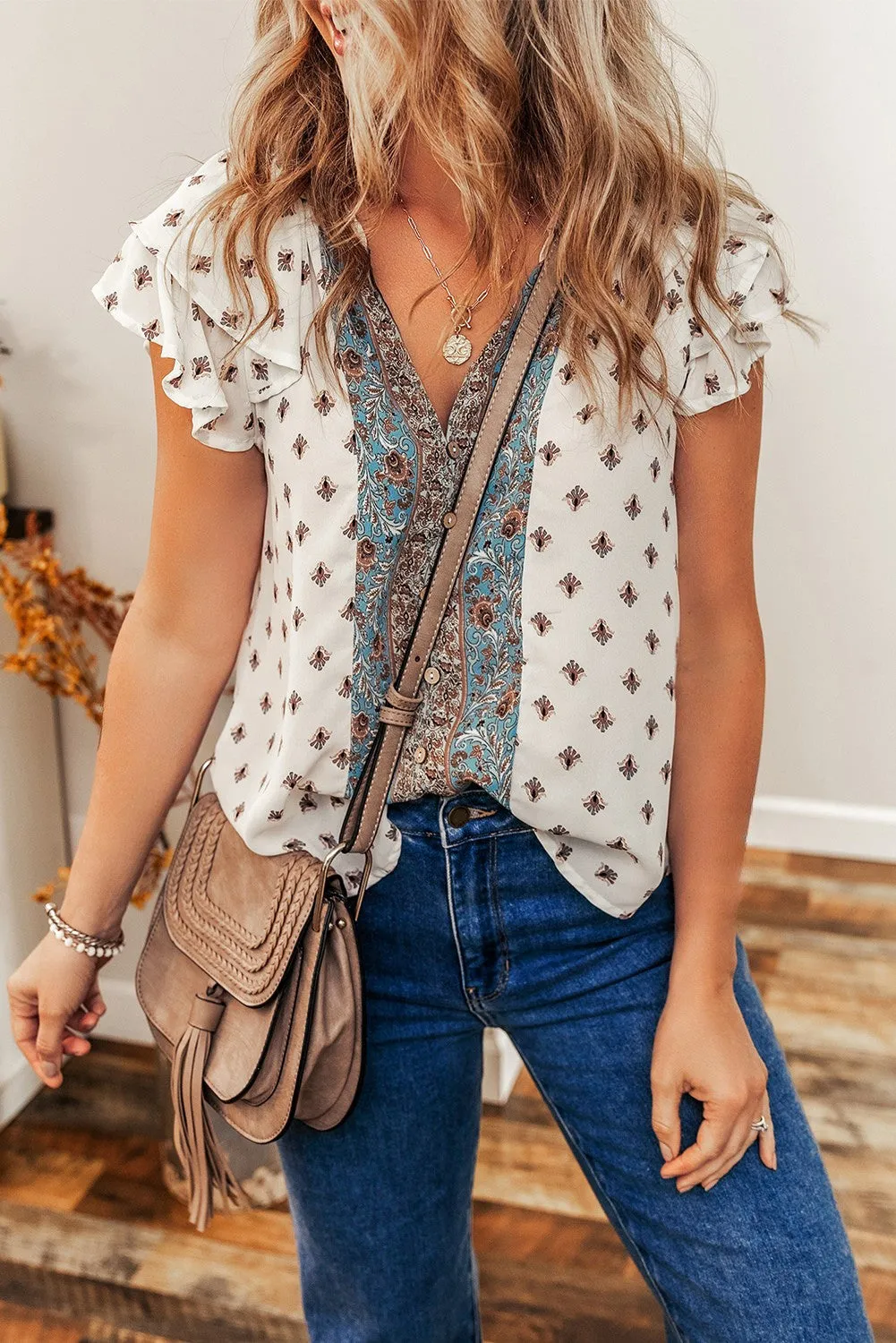 Aria Boho Pattern Ruffled Sleeve V Neck Buttoned Blouse sold by Threaded Pear product image thumbnail 3