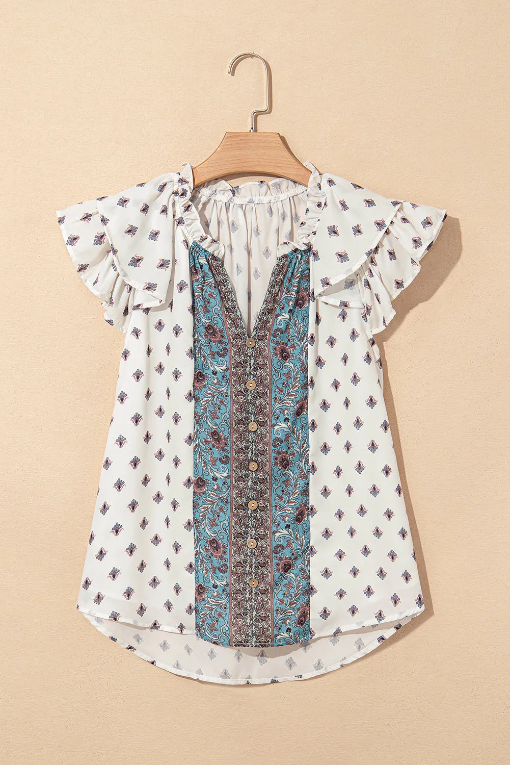 Aria Boho Pattern Ruffled Sleeve V Neck Buttoned Blouse sold by Threaded Pear product image thumbnail 4
