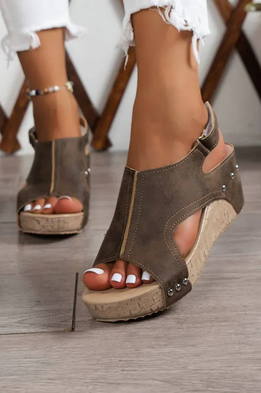 Eleanor Studded Cut Out Wedge Sandals sold by Threaded Pear