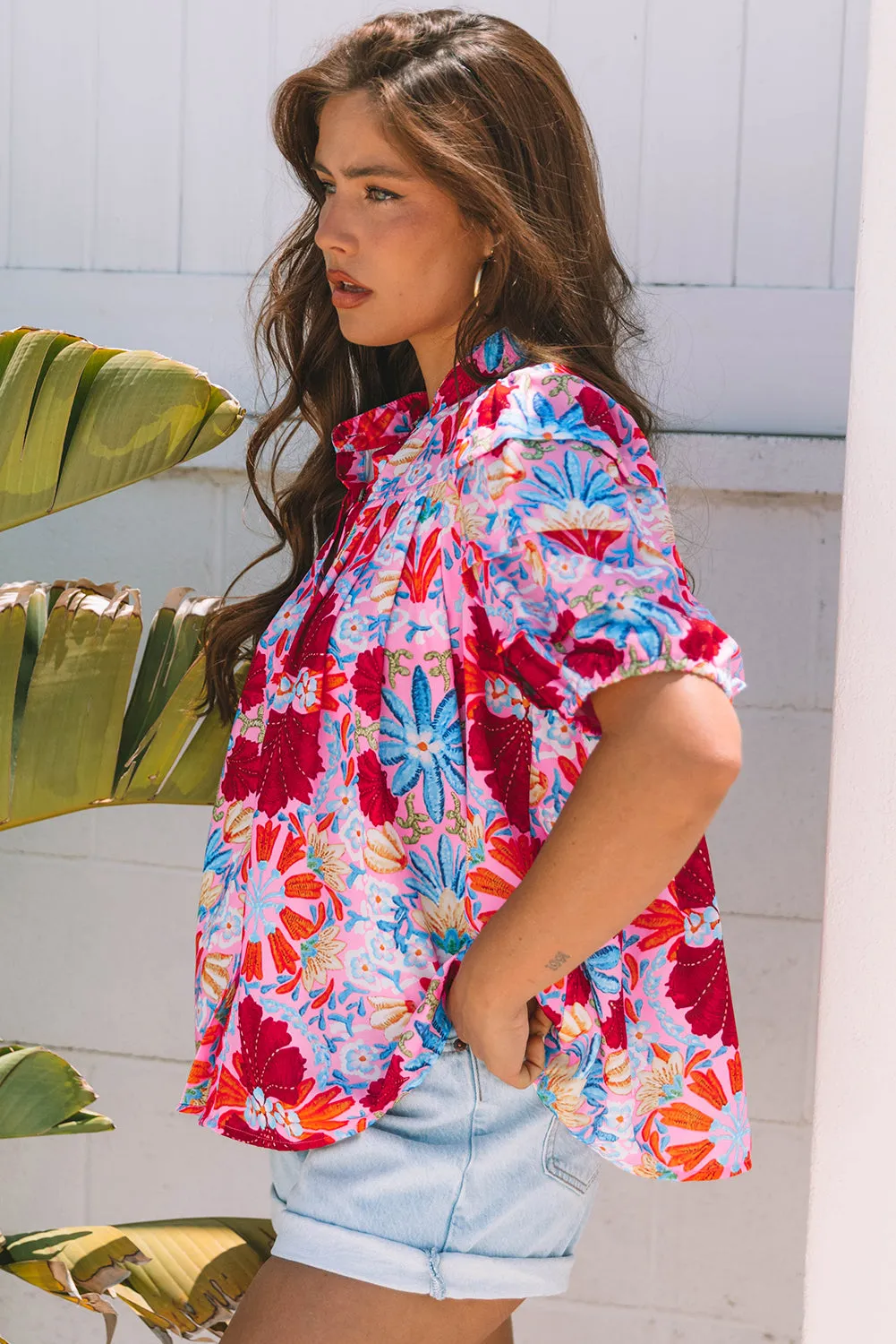Mikaela Floral Bubble Sleeve Button Up Pleated Shirt sold by Threaded Pear product image thumbnail 3