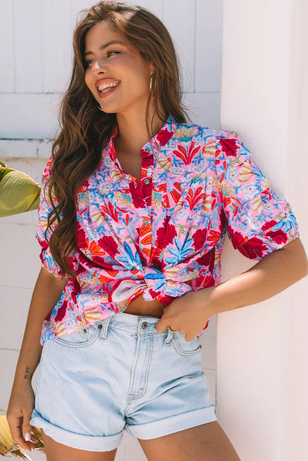 Mikaela Floral Bubble Sleeve Button Up Pleated Shirt sold by Threaded Pear product image thumbnail 4
