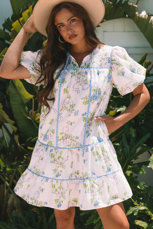 Celina Floral Striped Trim Tie Split Neck Mini Dress sold by Threaded Pear