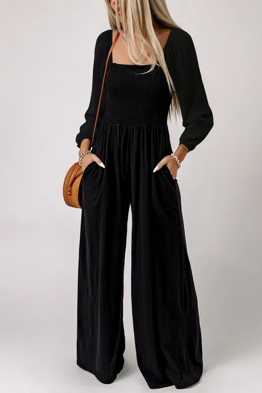 Ryleigh Smocked Square Neck Long Sleeve Wide Leg Jumpsuit sold by Threaded Pear
