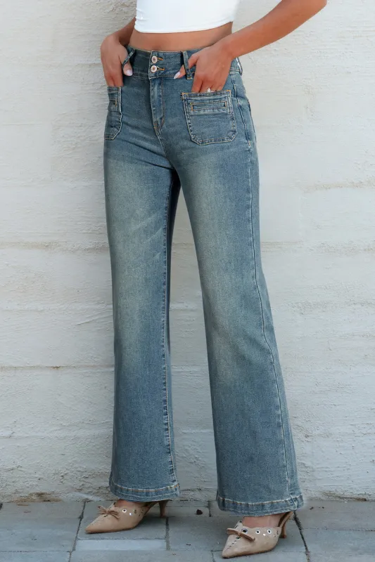 Amyra Double Button Patch Pocket Flare Leg Jeans sold by Threaded Pear