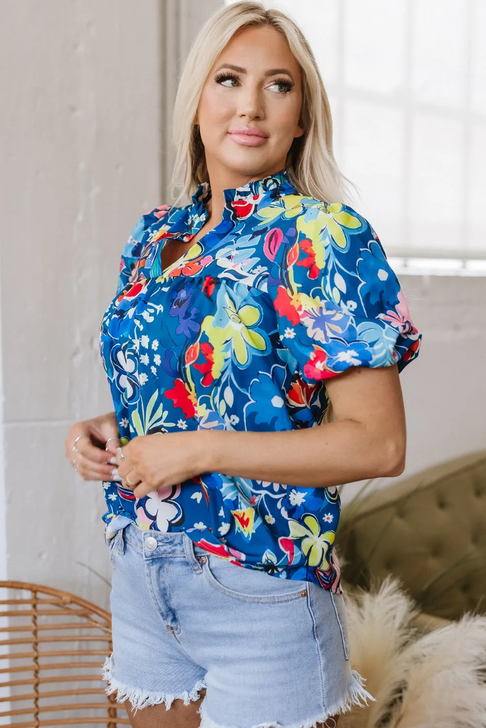 Ainara Flower Puff Short Sleeve Loose Blouse sold by Threaded Pear product image thumbnail 4