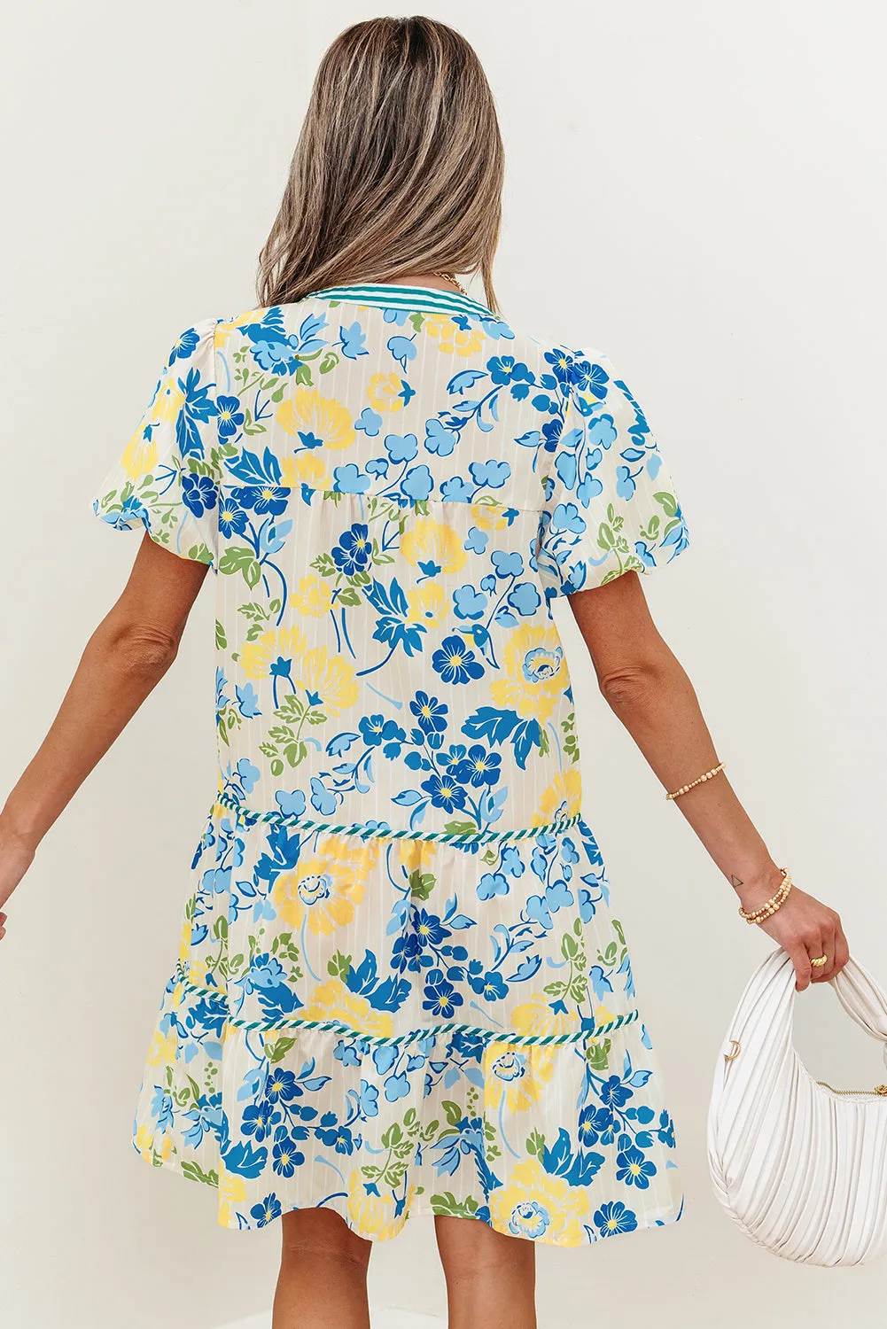 Payton Floral Striped Trim Puff Short Sleeve Dress sold by Threaded Pear product image thumbnail 2