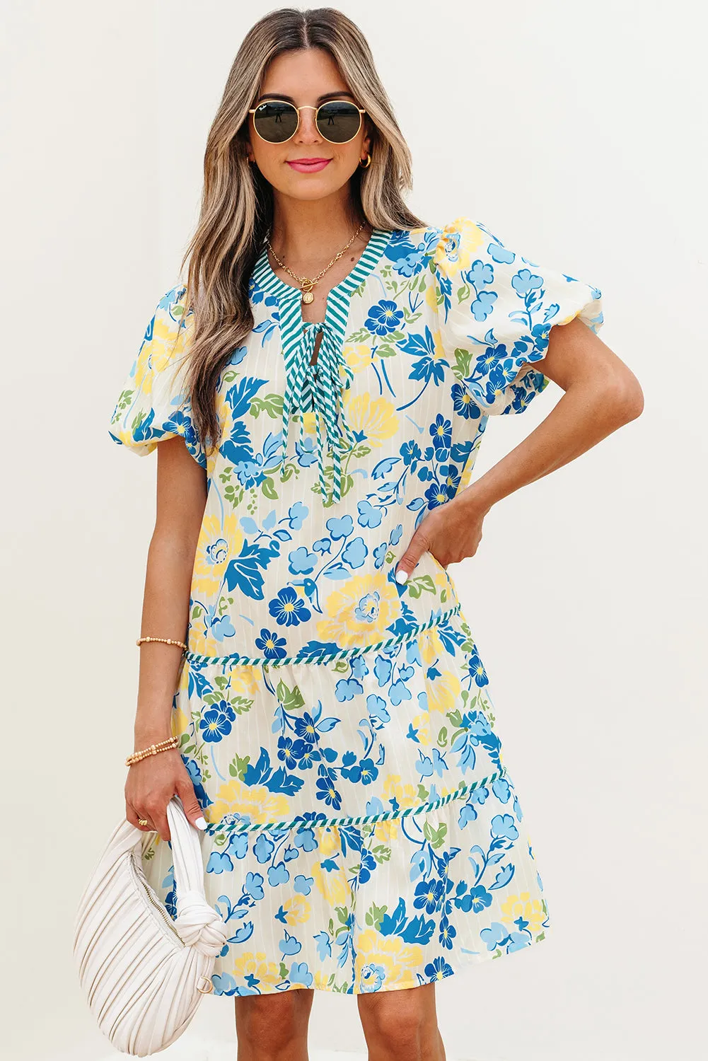 Payton Floral Striped Trim Puff Short Sleeve Dress sold by Threaded Pear