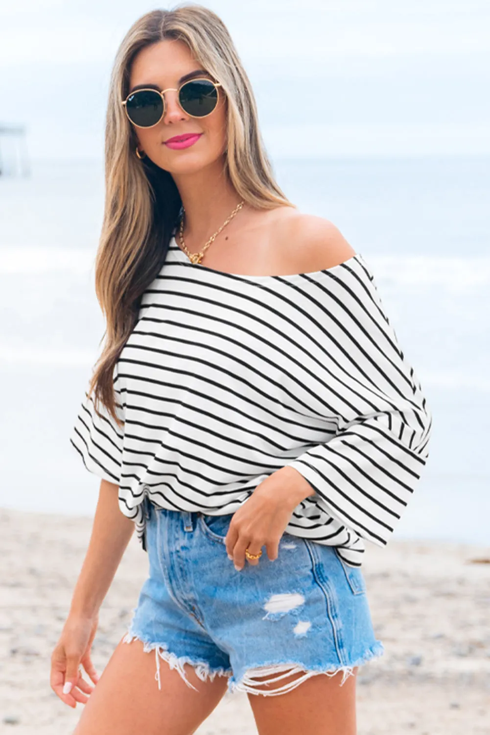 Lilia Stripe Half Sleeve Scoop Neck Loose Top sold by Threaded Pear product image thumbnail 4