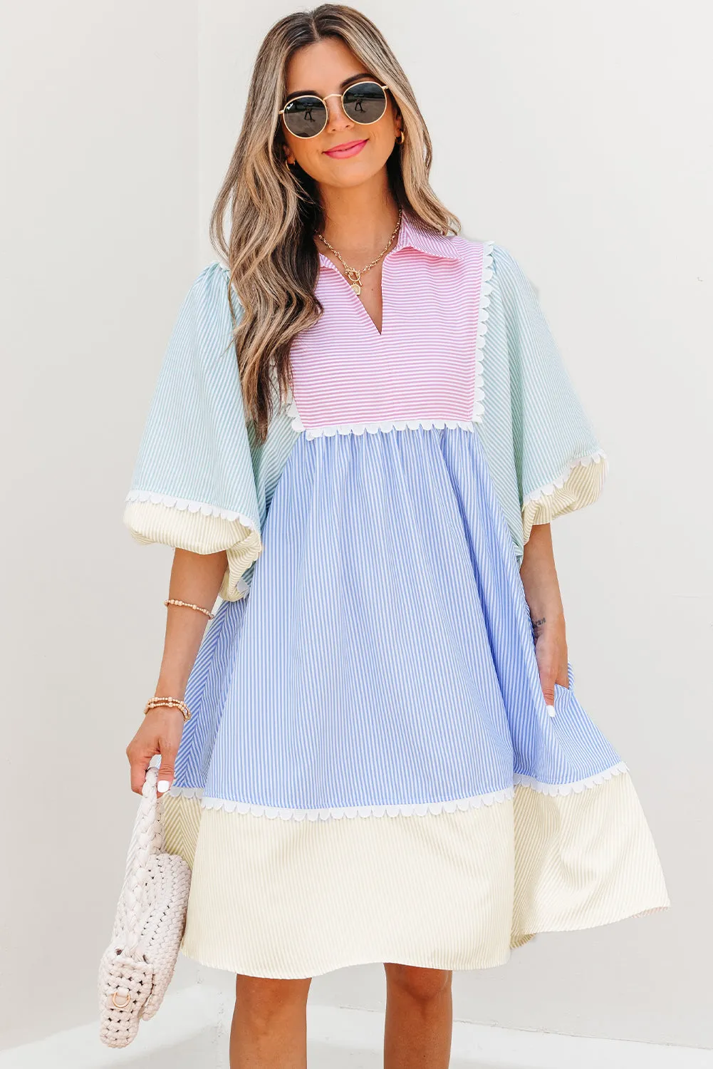 Joelle Striped Ric Rac Puff Sleeve Collared Mini Dress sold by Threaded Pear