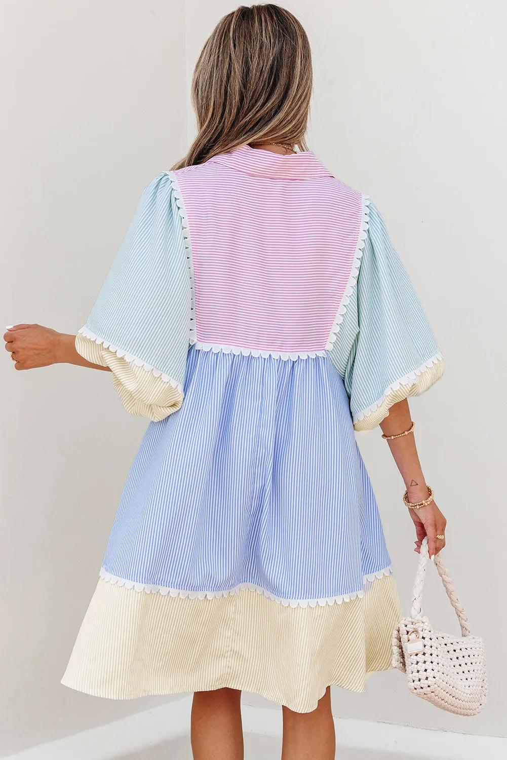 Joelle Striped Ric Rac Puff Sleeve Collared Mini Dress sold by Threaded Pear product image thumbnail 2