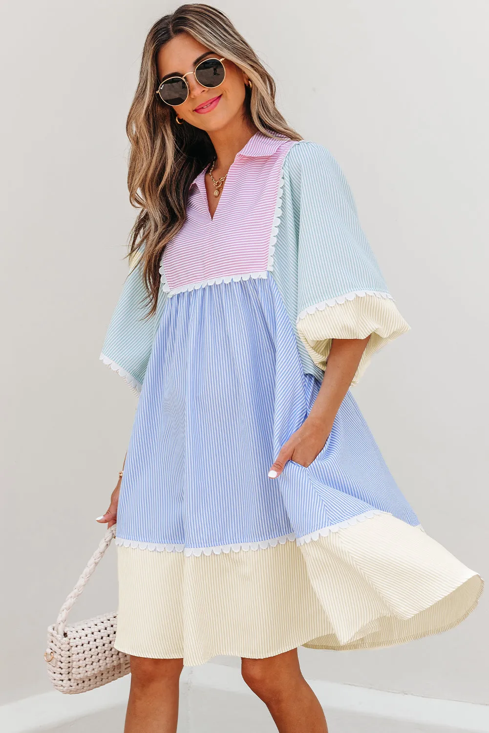 Joelle Striped Ric Rac Puff Sleeve Collared Mini Dress sold by Threaded Pear product image thumbnail 5