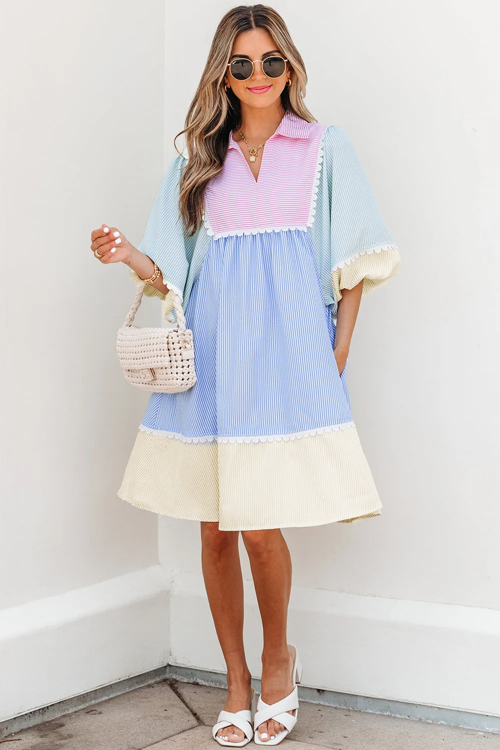 Joelle Striped Ric Rac Puff Sleeve Collared Mini Dress sold by Threaded Pear product image thumbnail 4