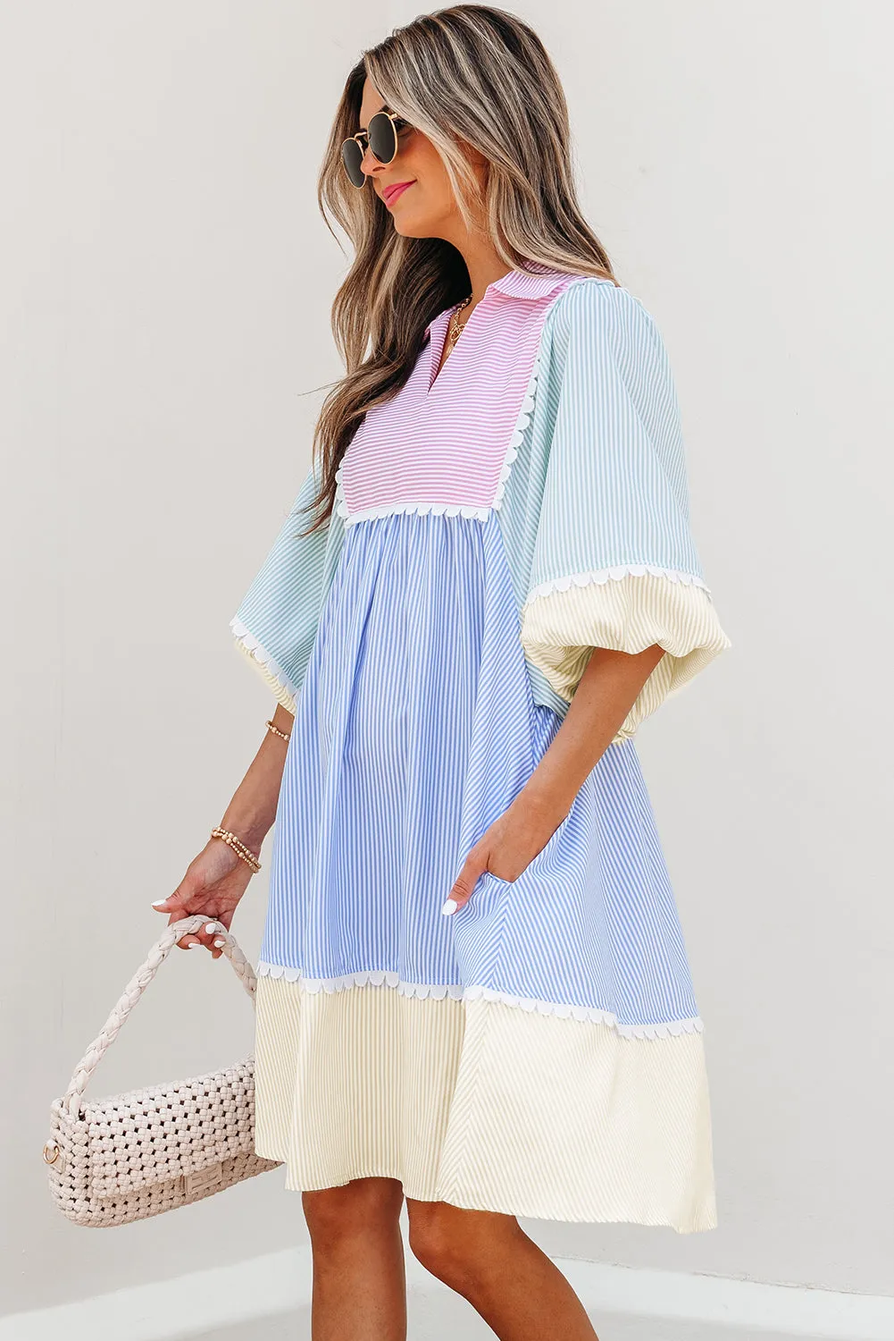 Joelle Striped Ric Rac Puff Sleeve Collared Mini Dress sold by Threaded Pear product image thumbnail 3