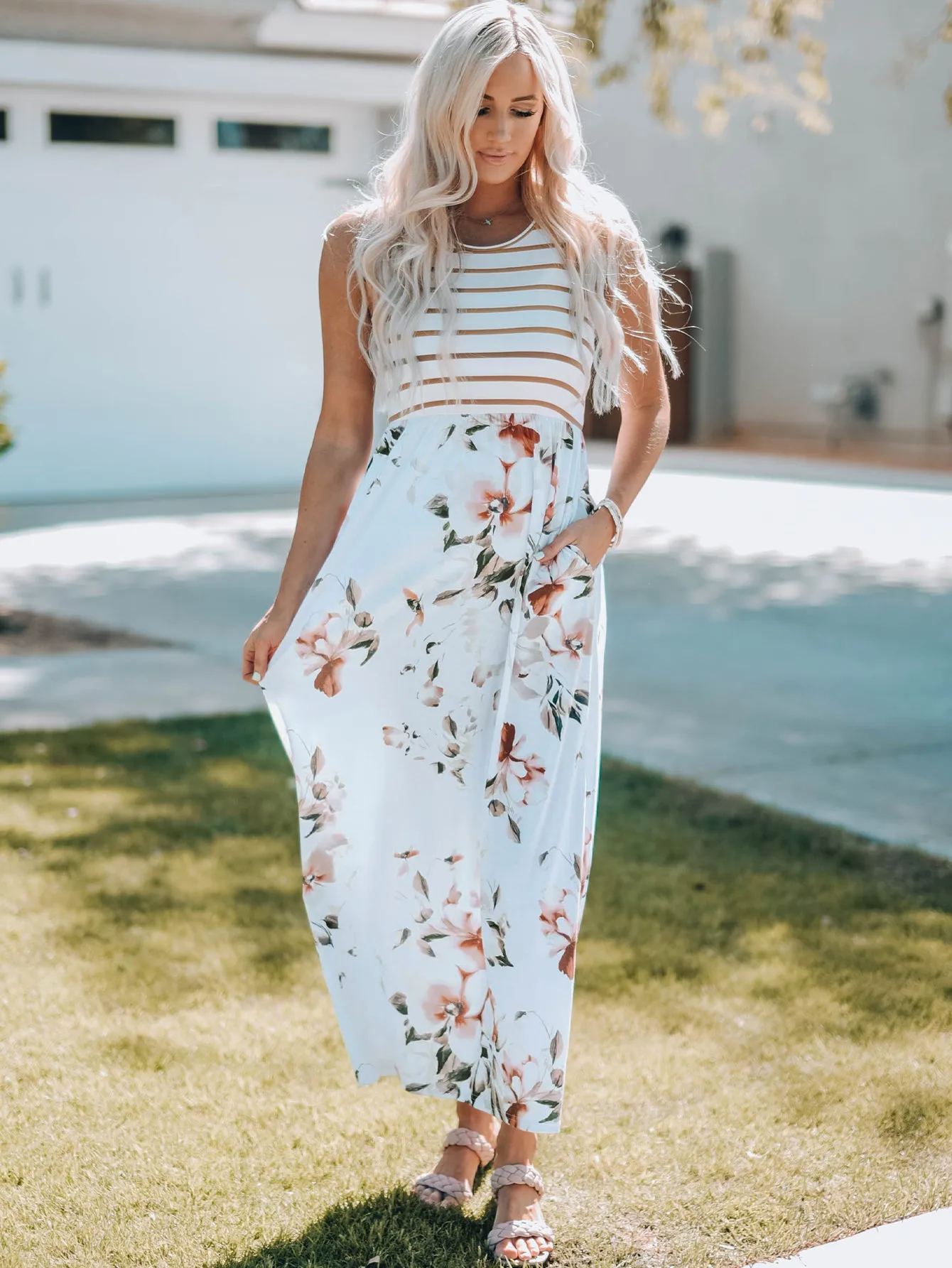 Zora Striped Floral Sleeveless Maxi Dress with Pocket sold by Threaded Pear