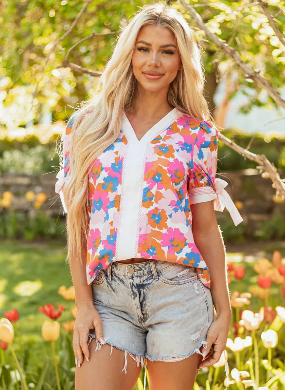 Aleia Floral Knotted Short Sleeve Blouse made by Threaded Pear