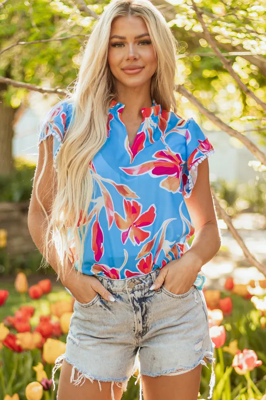 Vada Floral Pompom Trim Flutter Sleeve Blouse sold by Threaded Pear