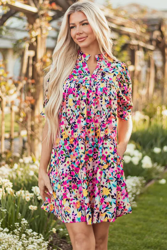 Hadlee Floral Puff Short Sleeve V Neck Mini Dress made by Threaded Pear