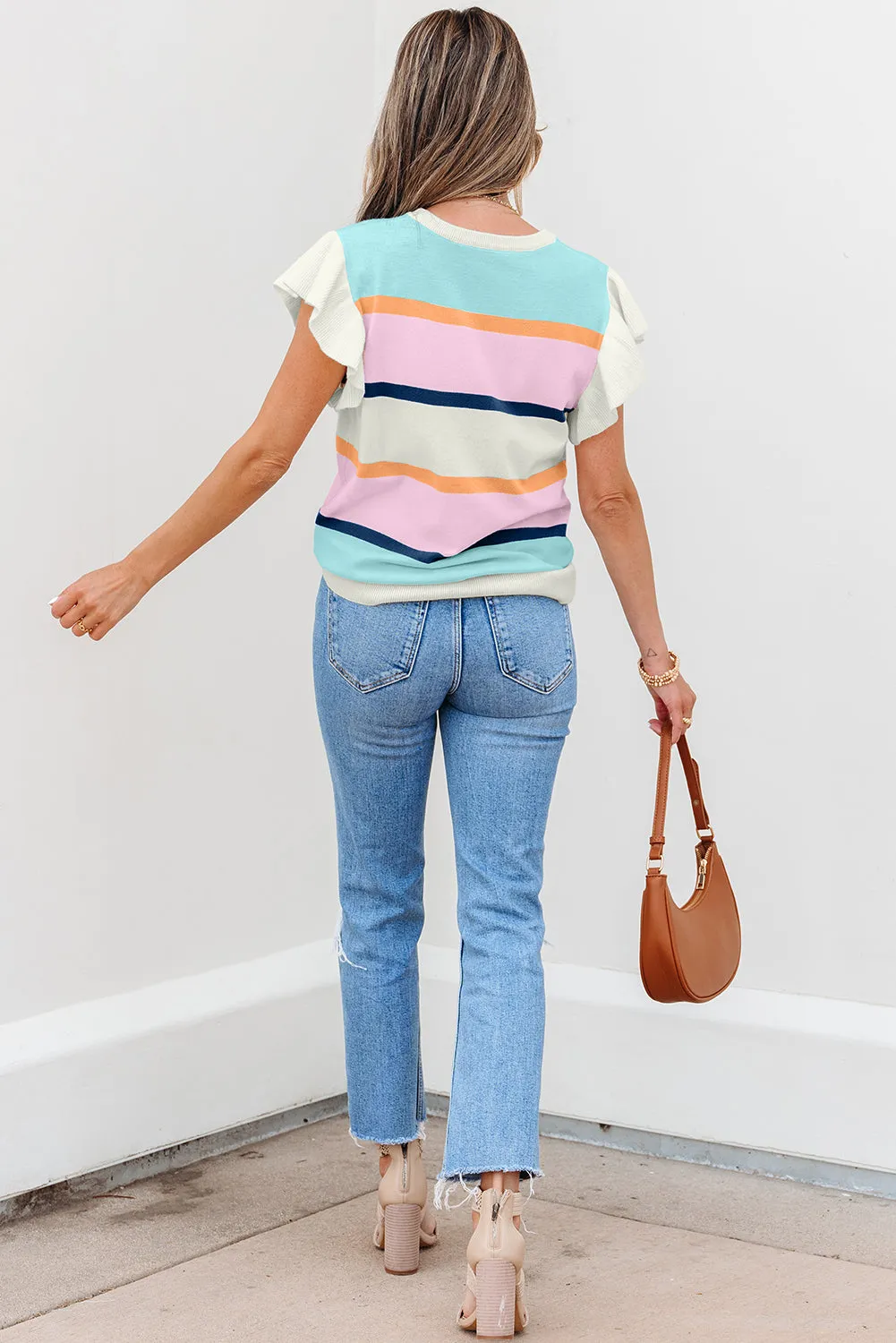 Yasmin Striped Flutter Sleeve Patchwork Top sold by Threaded Pear product image thumbnail 2