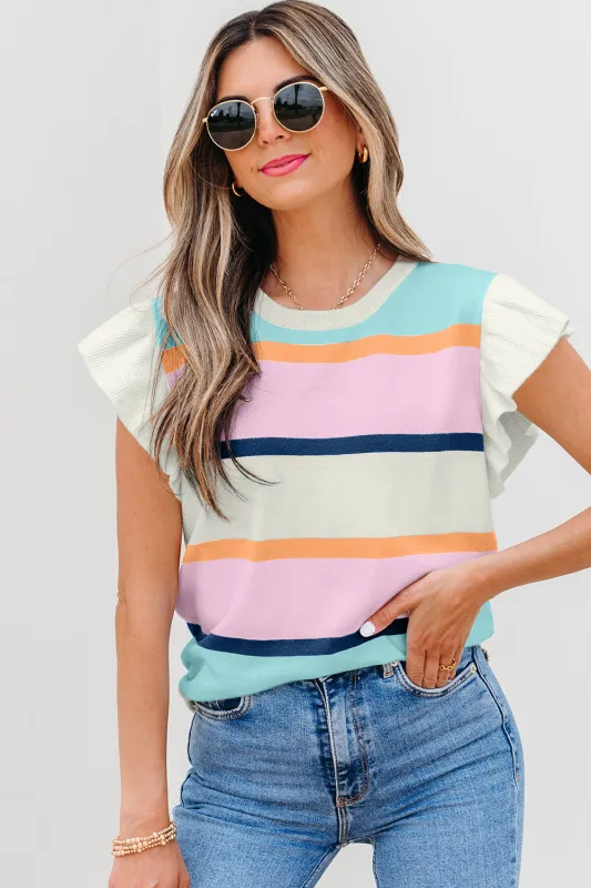 Yasmin Striped Flutter Sleeve Patchwork Top sold by Threaded Pear