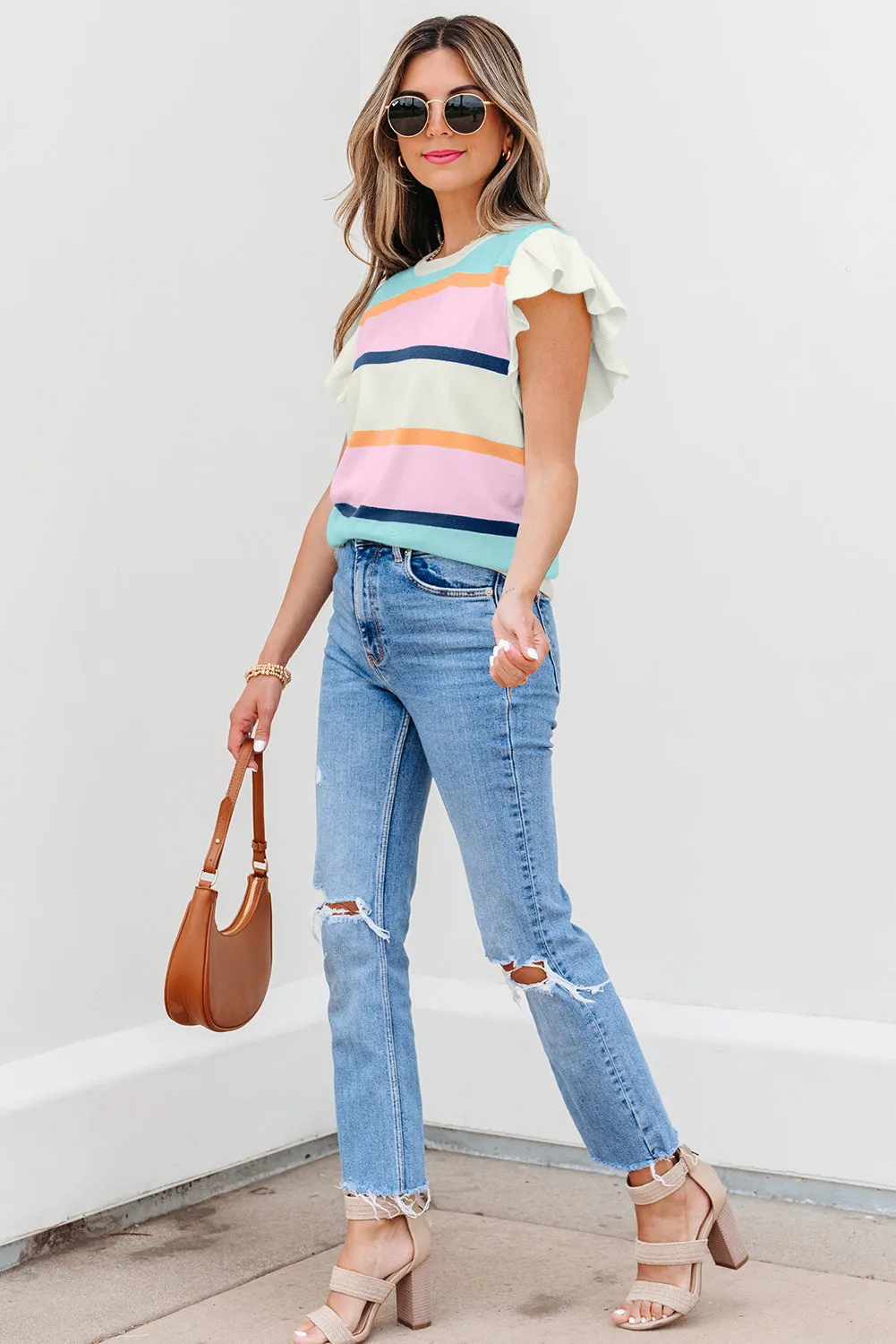 Yasmin Striped Flutter Sleeve Patchwork Top sold by Threaded Pear product image thumbnail 3