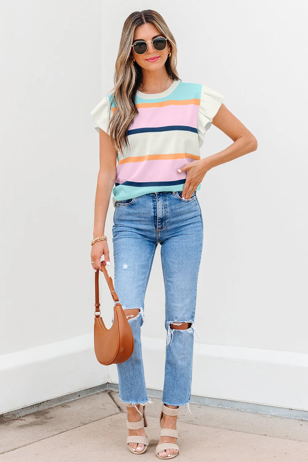 Yasmin Striped Flutter Sleeve Patchwork Top sold by Threaded Pear product image thumbnail 4